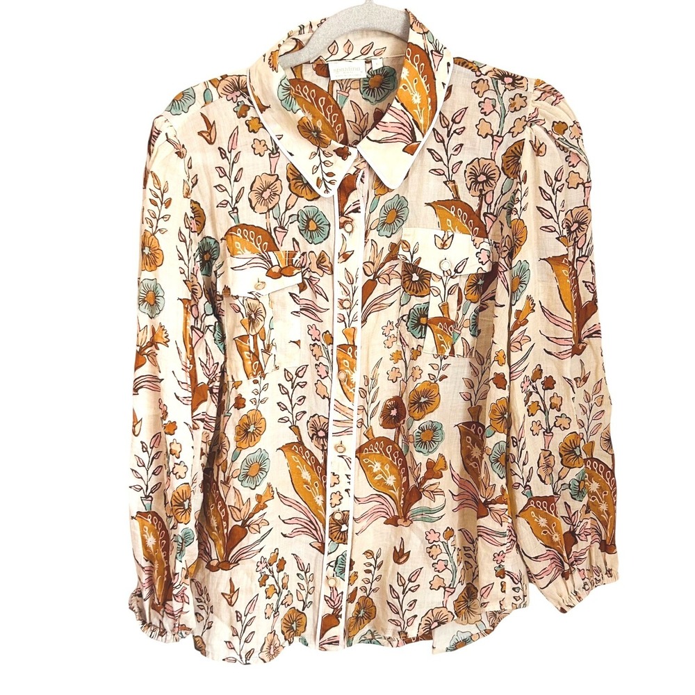 Spartina 449 Claudette Woven Blouse Size L Mercer House Woodblock Floral Cream - Picture 2 of 9